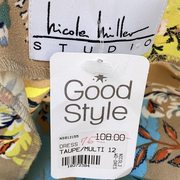 Nicole Miller Studio Floral Shift Dress Sz 12 Taupe Multi Off Shoulder Ties NWT - Picture 7 of 12